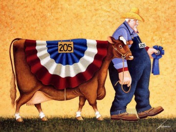 Cattle Cow Bull Painting - cartoon farmer and cattle